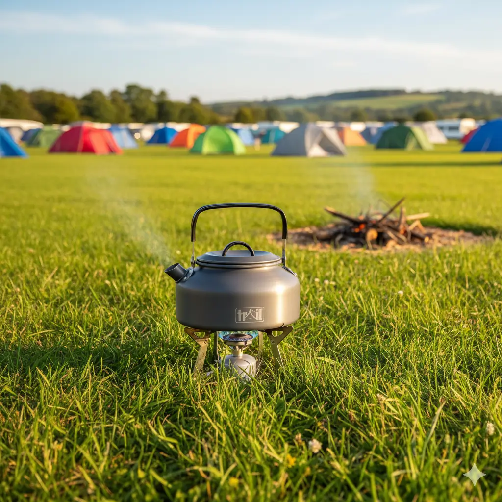 A small, grey compact hiking kettle.